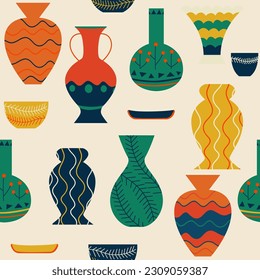 Seamless pattern with ancient statues. Ancient Greek pottery elements, vases, amphoras. Hipster trendy style background. Decor textile, wrapping paper wallpaper vector print