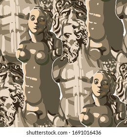 Seamless pattern of ancient statues of a muscular man with a beard and beautiful woman. Repeated vector design inspired by Stockholm metro stations