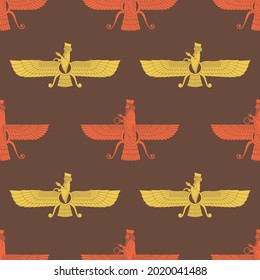 Seamless pattern with ancient  sumerian symbol Faravahar for your project