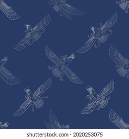 Seamless pattern with ancient  sumerian symbol Faravahar for your project