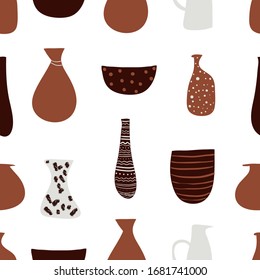 Seamless pattern with ancient vases and jugs. Modern vector background