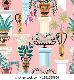 Seamless pattern with ancient vases and tropical plants