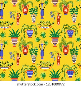 Seamless pattern with ancient vases and tropical plants