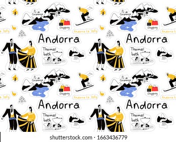Patrón transparente Andorra pegatinas sin fisuras. Andorra La Vella es un punto de referencia para el viaje. País de los símbolos. Diseño de pegatinas. Elementos de doodle para la invitación, tarjeta de felicitación, banner