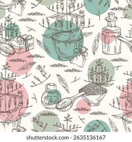 Seamless pattern with andrographis paniculata: andrographis paniculata plant, leaves and andrographis paniculata flowers. Oil, soap and bath salt . Cosmetics and medical plant. Vector hand drawn
