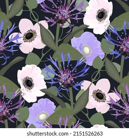 Seamless pattern of Anemone and Cornflowers flowers. Stock vector illustration eps10.