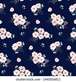 Seamless pattern with anemone flowers. Cute floral design. background with bouquets anemones and leaves.