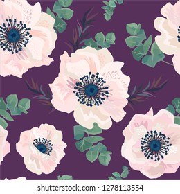 Seamless pattern with Anemone flowers and eucalyptus on a background. Vector illustration.