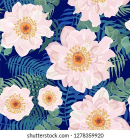 Seamless pattern with Anemone flowers and eucalyptus on a background. Vector illustration.