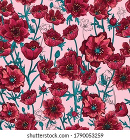 Seamless pattern from anemone flowers and leaves. Floral ornament is made in hand-drawn style. Design for textiles, paper, packaging, wallpaper, bedding made from colorful doodle elements. Vector.