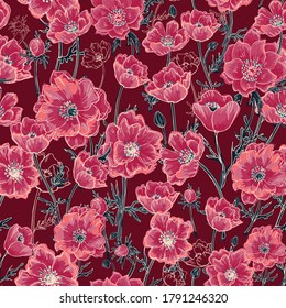 Seamless pattern from anemone flowers and leaves. Floral ornament is made in hand-drawn style. Design for textiles, paper, packaging, wallpaper, bedding made from colorful doodle elements. Vector.