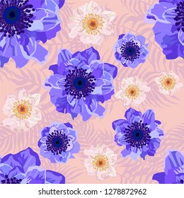 Seamless pattern with Anemone flowers and palm leaves on a background. Vector illustration.
