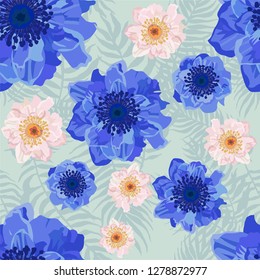 Seamless pattern with Anemone flowers and palm leaves on a background. Vector illustration.