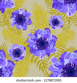 Seamless pattern with Anemone flowers and palm leaves on a background. Vector illustration.