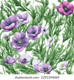 Patrón sin foco flores anémonas planta jardín acuarela estilo ilustración