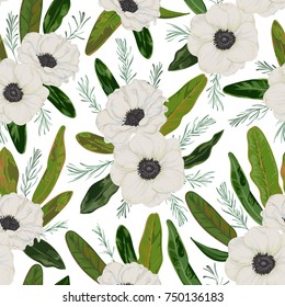 Seamless pattern with anemone flowers, rosemary and protea leaves. Decorative holiday floral background. Vintage vector illustration in watercolor style