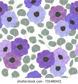 Seamless pattern with anemone flowers and silver dollar eucalyptus. Variation of different colors. Decorative holiday floral background. Vintage vector illustration in watercolor style
