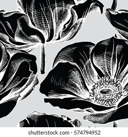 Seamless pattern with Anemone flowers. Vector black and white illustration.