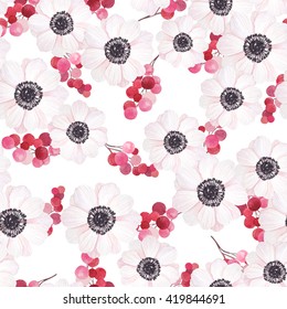Seamless pattern with anemones and branches of red berries in vintage watercolor style, vector illustration. Nature seamless pattern
