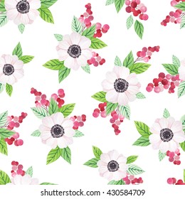Seamless pattern with anemones, leaves and branches of red berries in watercolor style, vector illustration. Nature seamless pattern
