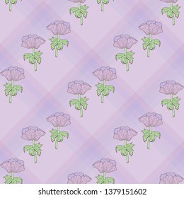 Seamless pattern with anemones on violet checkered background. Endless pattern with flowers for your design. 