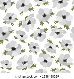 Seamless pattern with anemones on white background.