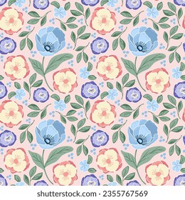 Nahtloses Muster mit Anemonen und anderen Blumen auf rosafarbenem Hintergrund. Handgezeichnete Illustration für Gewebe, Drucke und andere