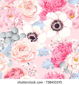 Seamless pattern with anemones and roses