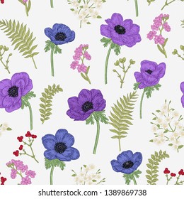 Seamless pattern with anemones. Spring flowers and ferns. Garden plants. Botanical vector illustration.