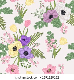 Seamless pattern with anemones. Spring flowers and leaves. Garden plants. Vector illustration.