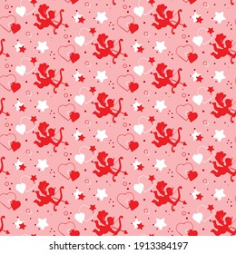 Seamless pattern of Angel with a bow and arrow of love. Symbol of Valentine's Day. A sign of love. Color hand-drawn sketch doodle illustration. Vector sign.