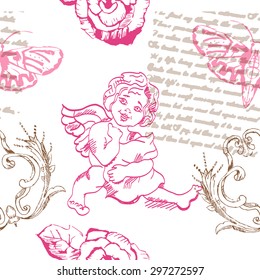 Seamless pattern with angel, butterfly, flower and vintage elements on a white background