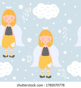 Seamless pattern with angel and clouds. Angel with wings. Design of children's rooms, packaging paper, clothing, fabrics. Vector seamless illustration with a cute girl. Doodle style.