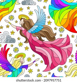 Seamless pattern with angel girls, clouds and stars on a white background