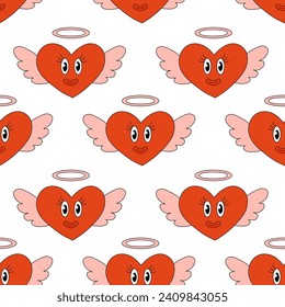 Seamless Pattern with Angel Heart Character for Valentine Day. Mascot in groovy and Y2k style. Vector cartoon illustration.