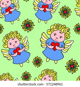 Seamless pattern of angel with heart for Valentine's day
