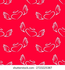 Corazones de ángel sin patrón con alas y halo. Fondo de arte de línea para tela, diseño de superficie, embalaje, papelería.