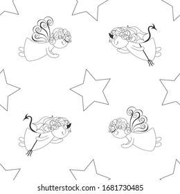 Seamless pattern. Angel and imp circling the star, vector illustration