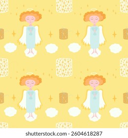 Seamless pattern with an angel. A little girl angel on a cloud folded her hands in prayer. The pattern is decorated with stars, clouds, lanterns