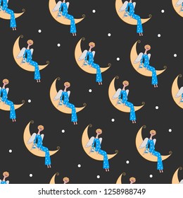 Seamless pattern angel on moon. Template for paper wrapping, print. Vector illustration