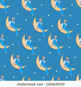 Seamless pattern angel on moon. Template for paper wrapping, print. Vector illustration