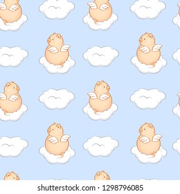 Seamless pattern with angel pigs and white clouds in the blue sky.  Hand drawn vector illustration.