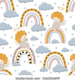 seamless pattern with angel and rainbow - vector illustration, eps
