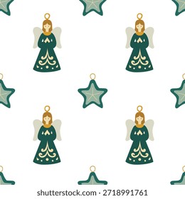 Patrón sin fisuras con el ángel y la estrella. Navidades de patrón sin fisuras verde.