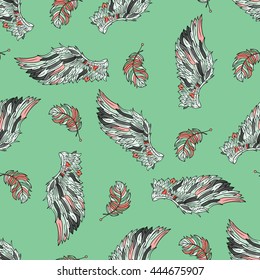 Seamless pattern with angel wings. Hand drawn doodle colored template with wings and feathers.