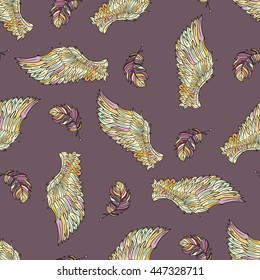 Seamless pattern with angel wings. Hand drawn doodle colored template with wings and feathers.