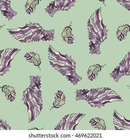 Seamless pattern with angel wings. Hand drawn doodle colored template with wings and feathers.