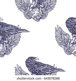 seamless pattern with angel wings, heart and bird raven. Vintage print. Sketch for tattoo, hipster t-shirt design, vintage style posters. Coloring book for kids and adults.