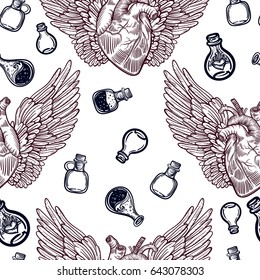 seamless pattern with angel wings, heart and chemical test tubes. Vintage print. Sketch for tattoo, hipster t-shirt design, vintage style posters. Coloring book for kids and adults.