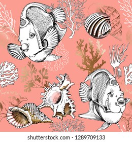 Seamless pattern. Angelfish, gold seashell, algae, on a coral background. Textile composition, hand drawn style print. Vector illustration.